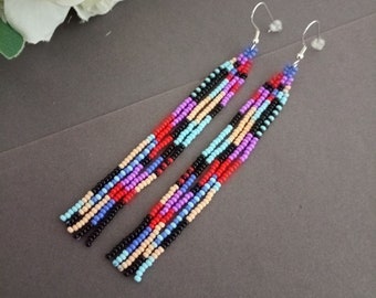 beaded earrings, multicolored earrings,  long earrings, fringe earrings, boho earrings, seed bead earrings, handmade earrings