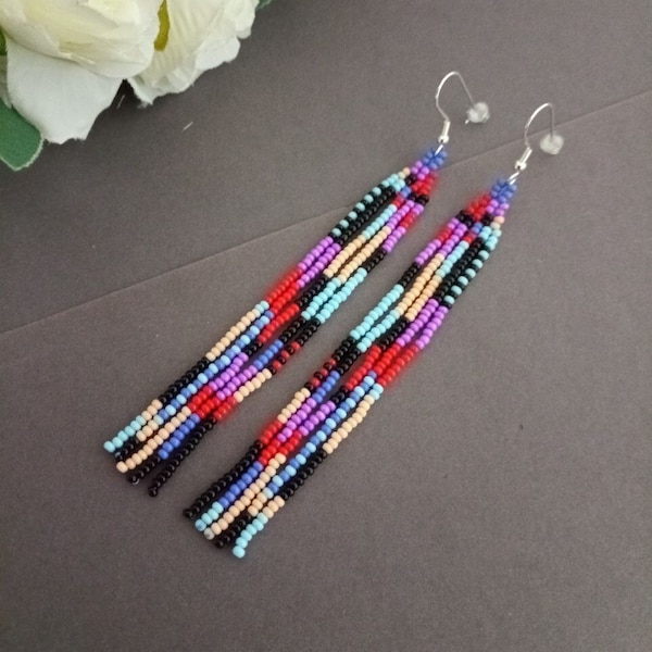 beaded earrings, multicolored earrings,  long earrings, fringe earrings, boho earrings, seed bead earrings, handmade earrings