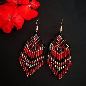 beaded earrings, red gold earrings, long earrings, fringe earrings, boho earrings, seed bead earrings, handmade earrings