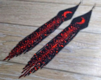 black red shiny moon bead earrings, black red earrings, extra long earrings, big earrings, boho earrings , handmade earrings