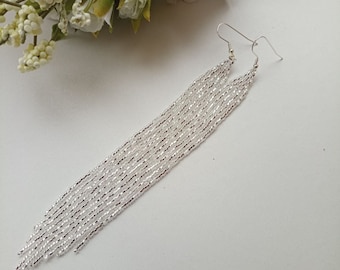 bead earrings, silver very long earrings, extra long earrings, fringe earrings, boho earrings, seed bead earrings, handmade earrings