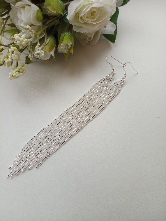 bead earrings, silver very long earrings, extra long earrings, fringe earrings, boho earrings, seed bead earrings, handmade earrings