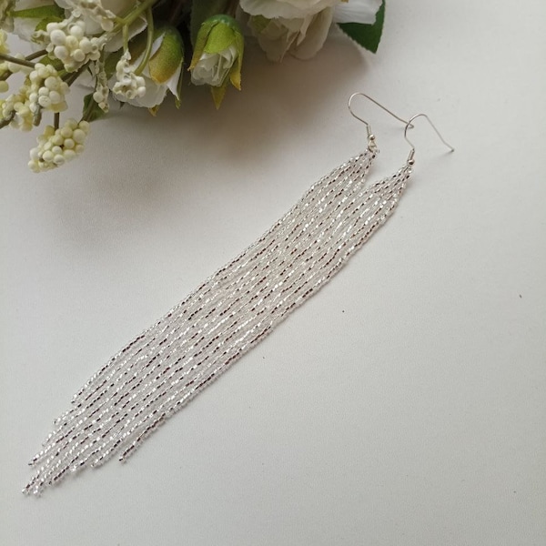 bead earrings, silver very long earrings, extra long earrings, fringe earrings, boho earrings, seed bead earrings, handmade earrings