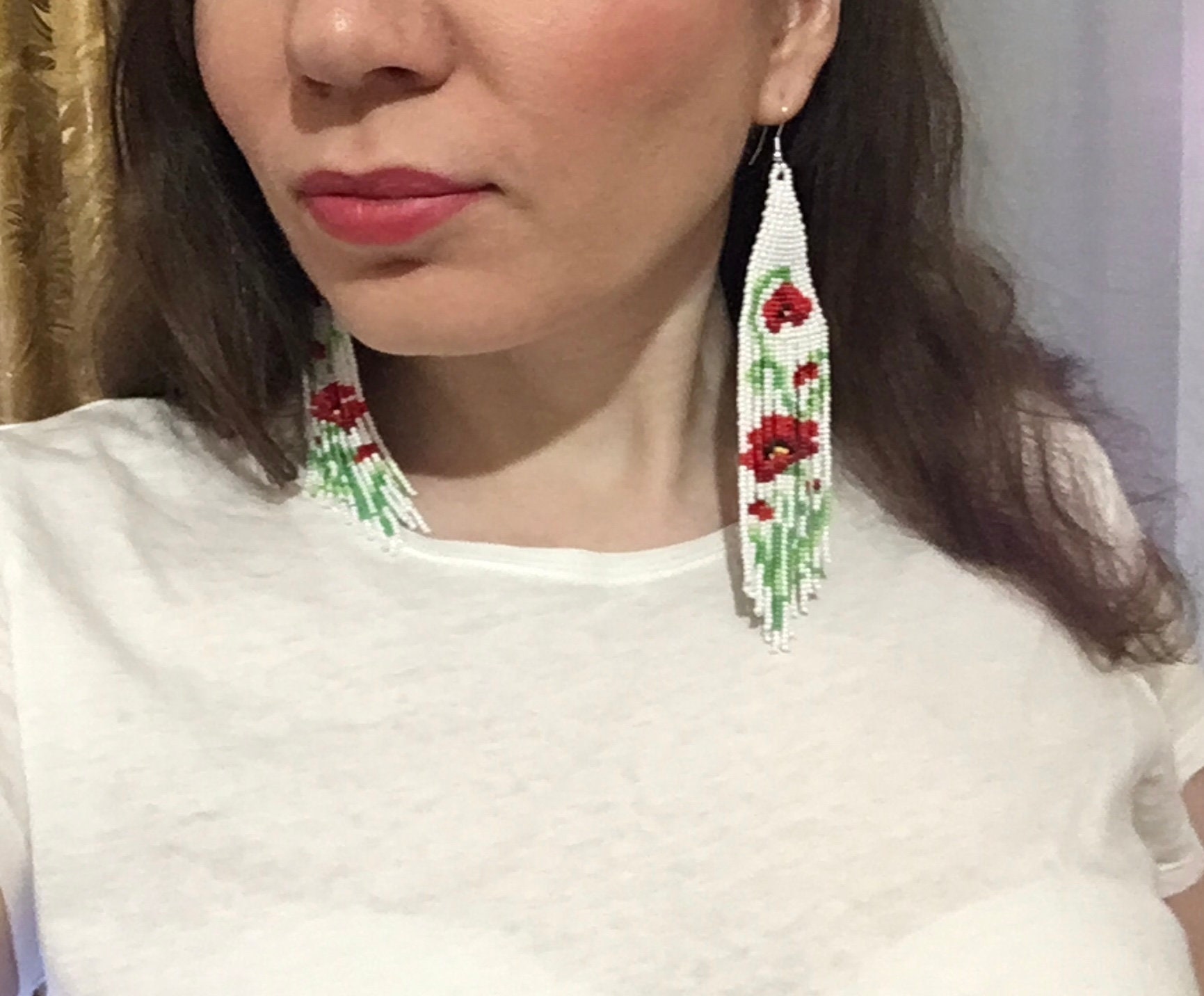 Floral Beaded Earrings Fringe Earrings Flower Earrings Woven Etsy