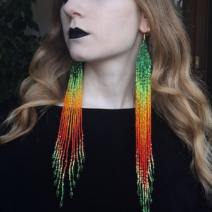 Può includere: Lunghi orecchini di perline colorate con un gradiente di perline verdi, arancioni e rosse. Gli orecchini pendono dalle orecchie di una persona con i capelli lunghi e mossi.