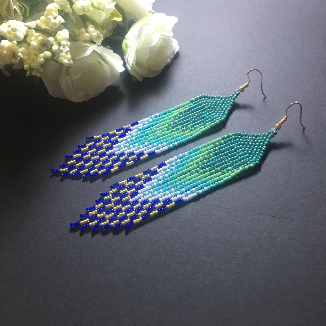 Turquoise Blue Gradient Long Seed Bead Earrings, Dangle Fringe Earrings ...