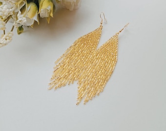 bead earrings, gold long  bead earrings, Dangle  earrings, Shoulder duster. statement earrings, fringe bead earrings