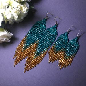 bead earrings, turquoise dark gold  long earrings, extra long earrings, fringe earrings, boho earring, seed bead earrings, handmade earrings