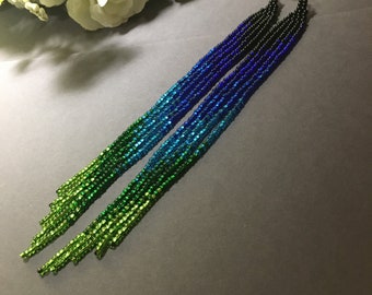 bead earrings, black blue green  long earrings, extra long earrings, fringe earrings, boho earrings, seed bead earrings, handmade earrings