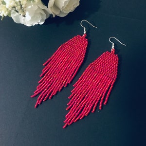bead earrings, red long earrings, fringe earrings, boho earring, seed bead earrings, handmade earrings, raspberry color