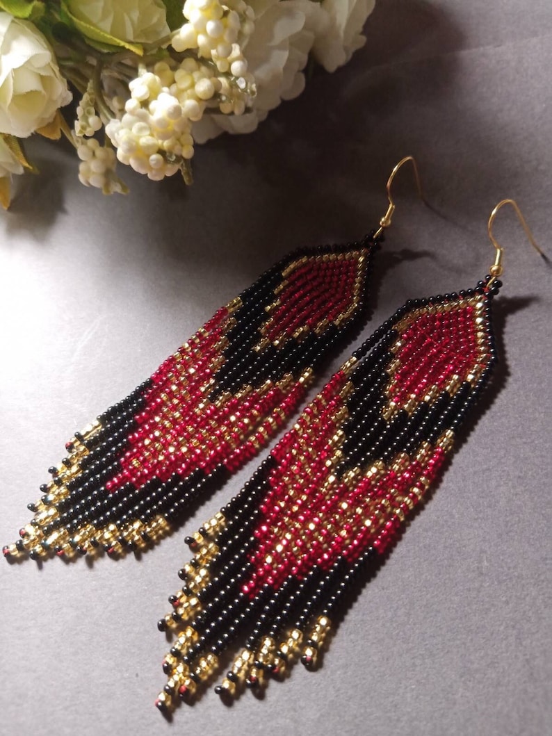 Bead Earrings Red Black Gold Long Bead Earrings Beaded Etsy