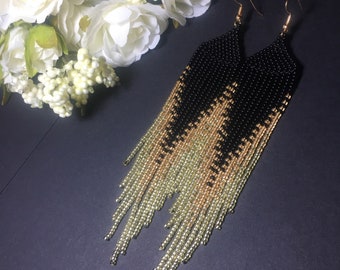 black  gold  long  bead earrings , beaded peacock fringe earrings