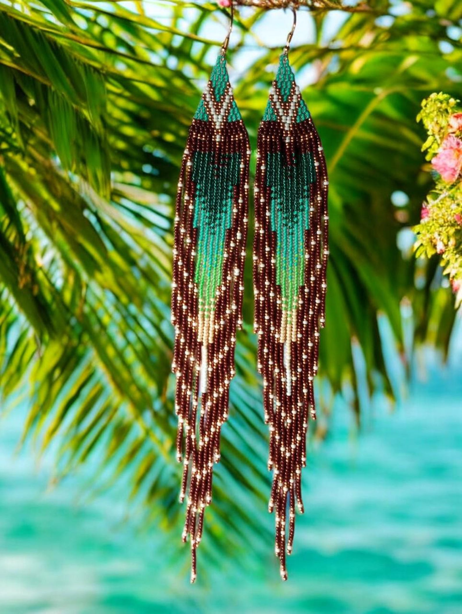Long Beaded Fringe Earrings – Handmade Boho Jewelry in Green and Brown ...