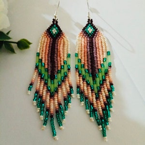 bead earrings, turquoise green  long earrings, fringe earrings, boho earring, seed bead earrings, handmade earrings