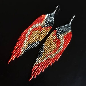 beaded earrings, red gold earrings,  long earrings, fringe earrings, boho earrings, seed bead earrings, handmade earrings