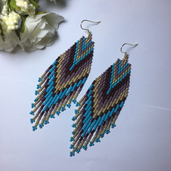 Bead Earrings Blue Long Earrings Fringe Earrings Boho | Etsy