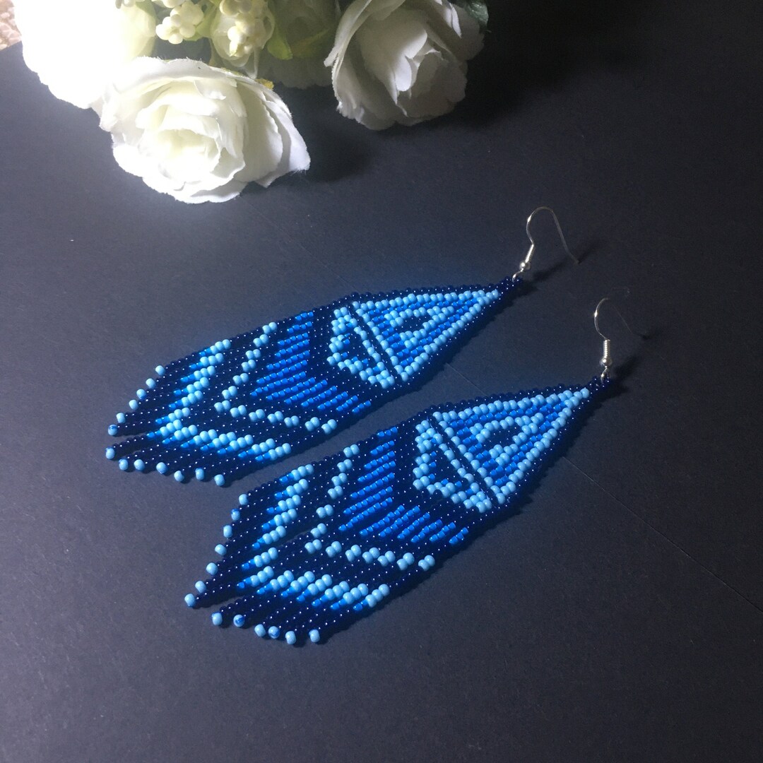 Blue Bright Dangle Seed Bead Earrings - Bohemian Fringe Earrings - Boho ...