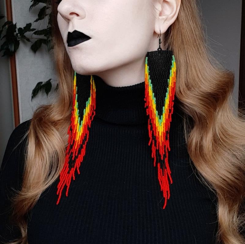 bead earrings, red black very long earrings, extra long earrings, fringe earrings, boho earrings, seed bead earrings, handmade earrings