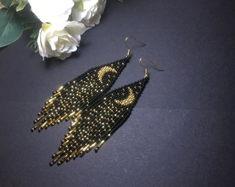 bead earrings, Earrings Moon in Egypt, black gold earrings, Earrings black, long earrings, big earrings, boho earrings , handmade earrings