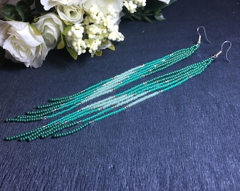 turquoise  fringe bead earrings, turquoise  long bead earrings