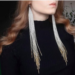 bead earrings, white gold long earrings, extra long earrings, fringe earrings, boho earrings, seed bead earrings, handmade earrings