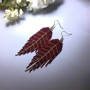 bead earrings, red gold long earrings, fringe earrings, boho earrings, seed bead earrings, handmade earrings