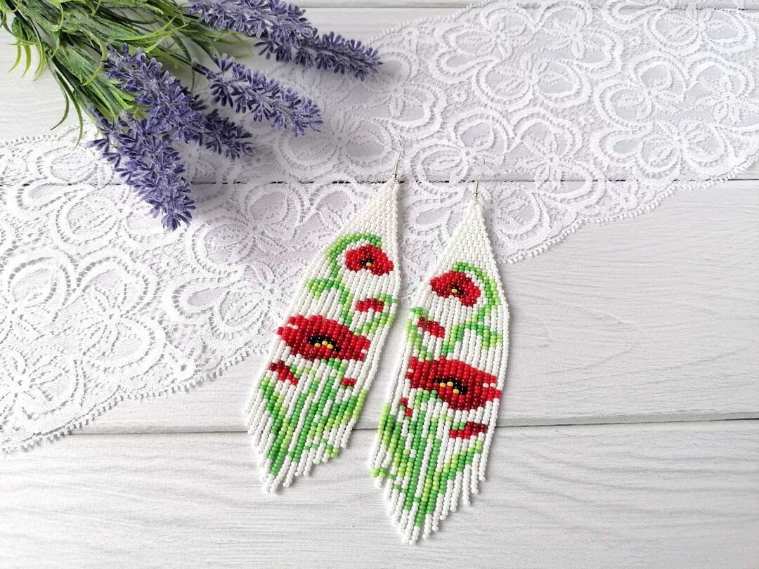 Floral Beaded Earrings Fringe Earrings Flower Earrings Woven Bead ...