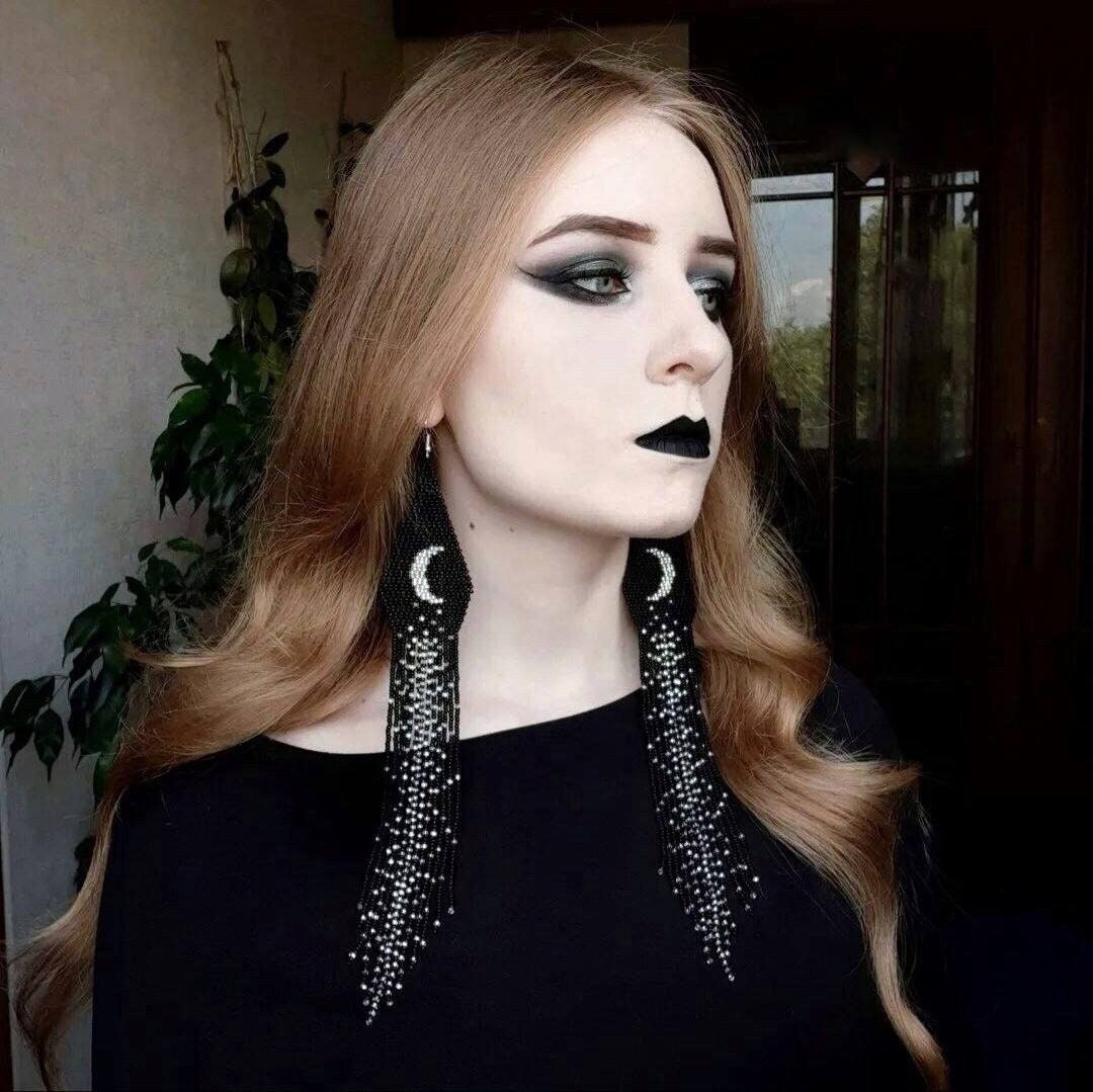 Black Silver Shiny Moon Bead Earrings, Black Silver Earrings