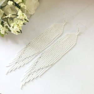 bead earrings, white silver very long earrings, extra long earrings, fringe earrings, boho earrings, seed bead earrings, handmade earrings