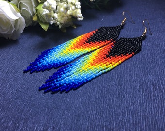multicolored rainbow earring gradient long seed bead earrings, Dangle fringe earrings, Shoulder duster. white.  long fringe bead earrings