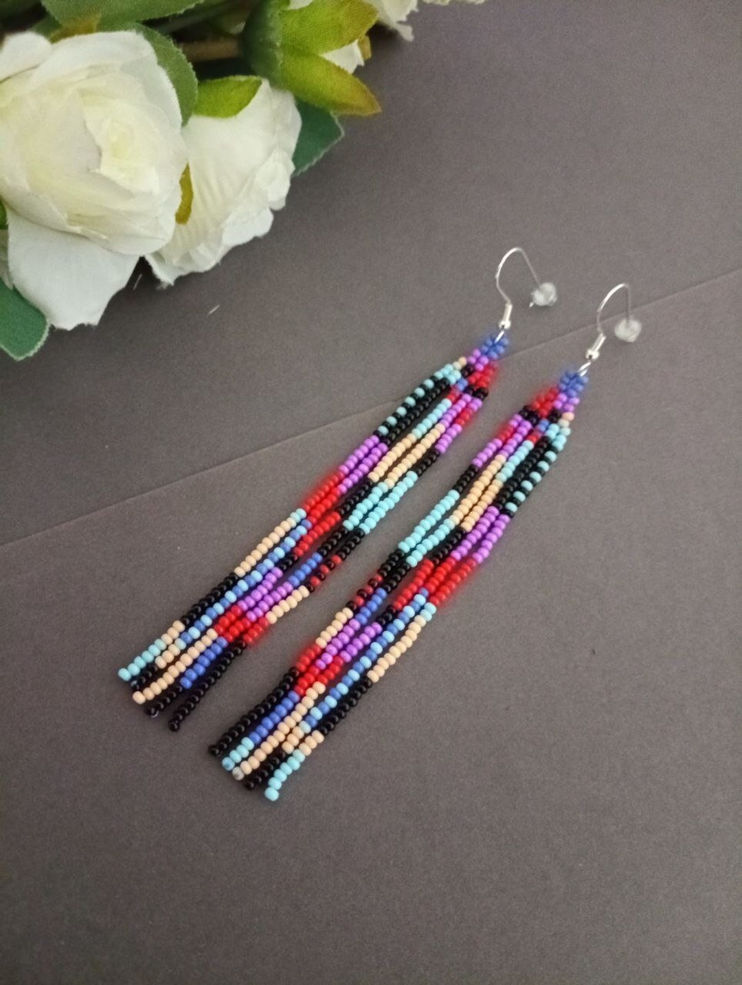 Colorful Long Beaded Earrings, Handmade Fringe Boho Jewelry, Festival ...