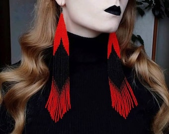 bead earrings, red black very long earrings, extra long earrings, fringe earrings, boho earrings, seed bead earrings, handmade earrings