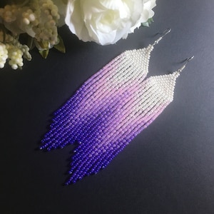 Purple gradient long seed bead earrings, Dangle fringe earrings, Shoulder duster. white. Violet pink long fringe bead earrings