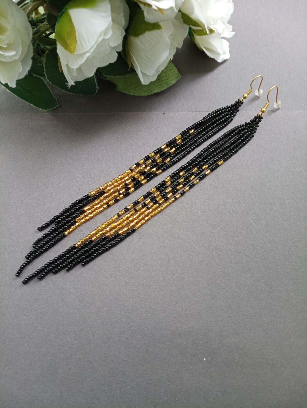 Hand beaded earrings extra long Gala design