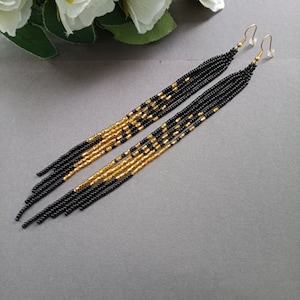 beaded earrings, black gold long earrings, extra long earrings, fringe earrings, boho earrings, seed bead earrings, handmade earrings