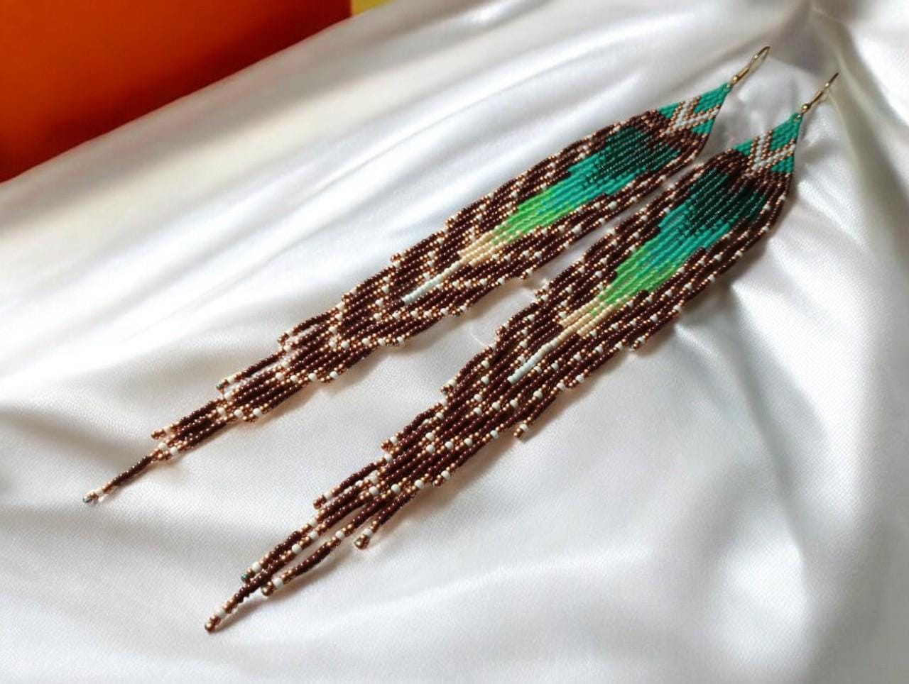 Long Beaded Fringe Earrings – Handmade Boho Jewelry in Green and Brown ...