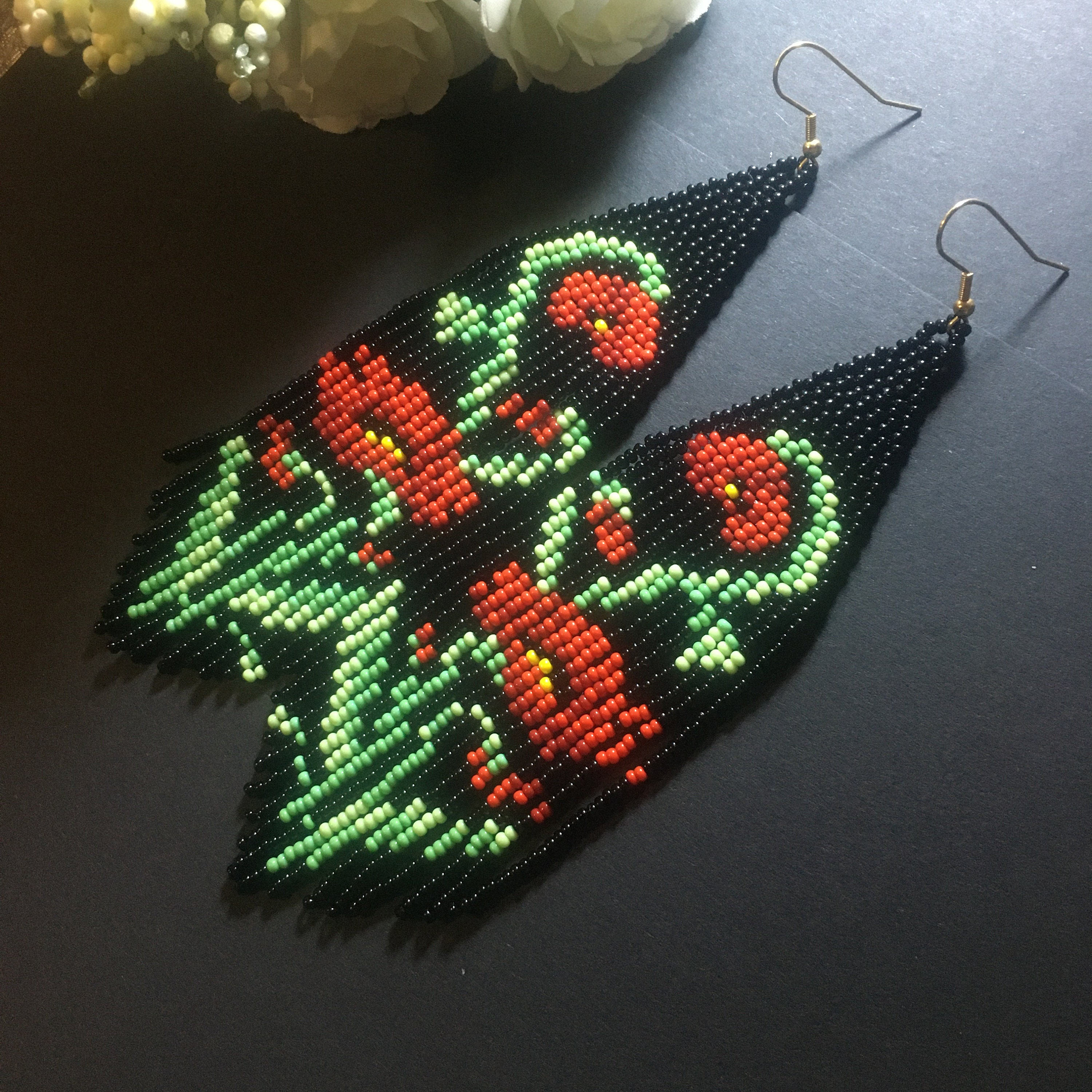 Beaded Falling Flower Fringe Earrings | Cream/Rust main image 0