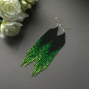 beaded earrings, black and green long earrings, fringed earrings, boho earrings, beaded earrings, handmade earrings