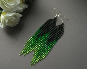 beaded earrings, black and green long earrings, fringed earrings, boho earrings, beaded earrings, handmade earrings