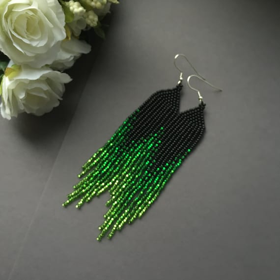 beaded earrings, black and green long earrings, fringed earrings, boho earrings, beaded earrings, handmade earrings