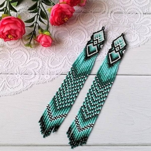 bead earrings, turquoise very long earrings, extra long earrings, fringe earrings, boho earring, seed bead earrings, handmade earrings