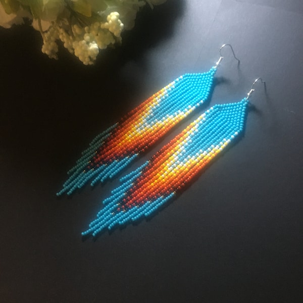 turquoise  blue long fringe bead earrings.  turquoise  blue orange red white  kawaii earrings. multicolored rainbow long fringe bead earring