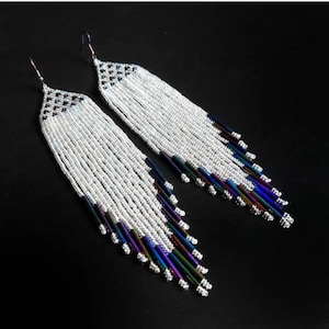 beaded earrings, long shiny earrings made of beads and multichrome bugles, long boho earrings, fringe earrings, handmade earrings