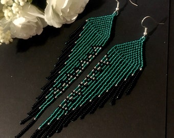 turquoise green long bead earrings fringe earrings native earrings