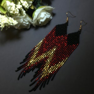 beaded earrings, red black gold very long earrings,  long earrings, fringe earrings, boho earrings, seed bead earrings, handmade earrings