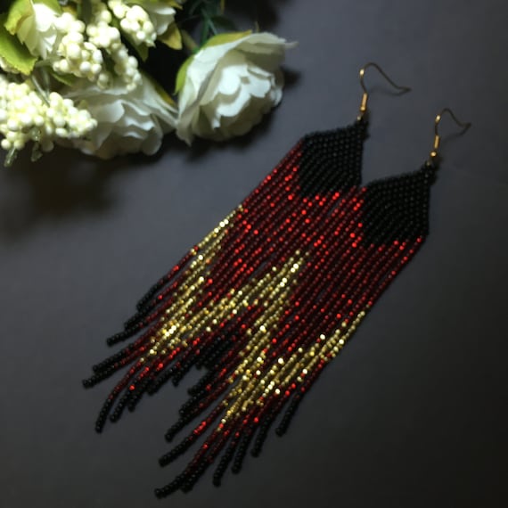 beaded earrings, red black gold very long earrings,  long earrings, fringe earrings, boho earrings, seed bead earrings, handmade earrings