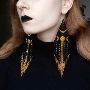 bead earrings, Earrings Moon in Egypt, black gold earrings, Earrings black, long earrings, big earrings, boho earrings , handmade earrings