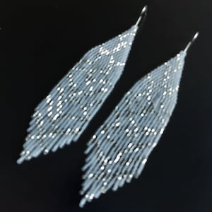 bead earrings, white silver very long earrings, extra long earrings, fringe earrings, boho earrings, seed bead earrings, handmade earrings