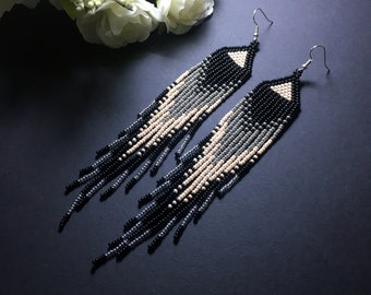 black  beaded peacock fringe earrings. black beige gray silver long bead earrings, dangle big beaded earrings