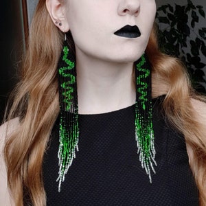 beaded earrings, black and green with snakes, long earrings, fringed earrings, boho earrings, beaded earrings, handmade earrings